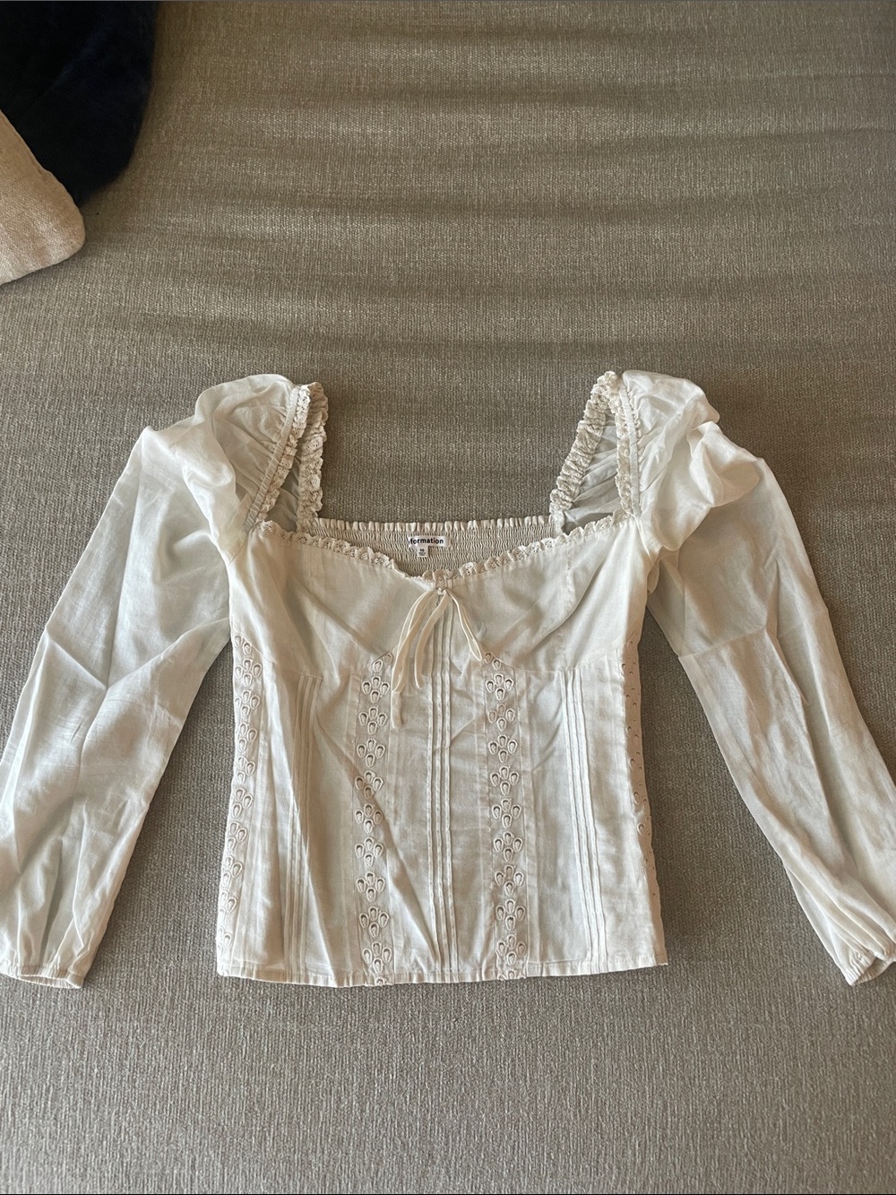 Reformation Cream Eyelet Tie-Front Peasant Blouse